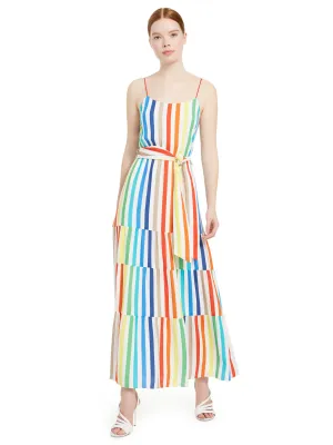 Alice   Olivia - Janan Spaghetti Strap Midi Peasant Dress Rainbow Stripe