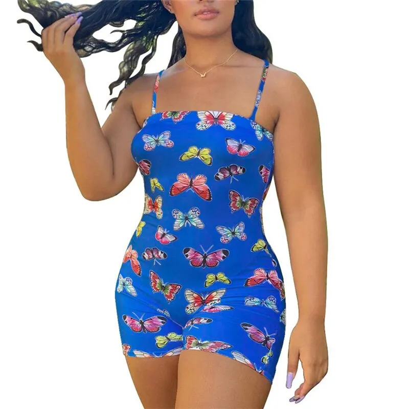 Amozae   Off Shoulder Romper Bodycon Women Fashion Jumpsuit   Bodysuit Shorts Butterfly Printed Short Sleeve Bodysuit Romper