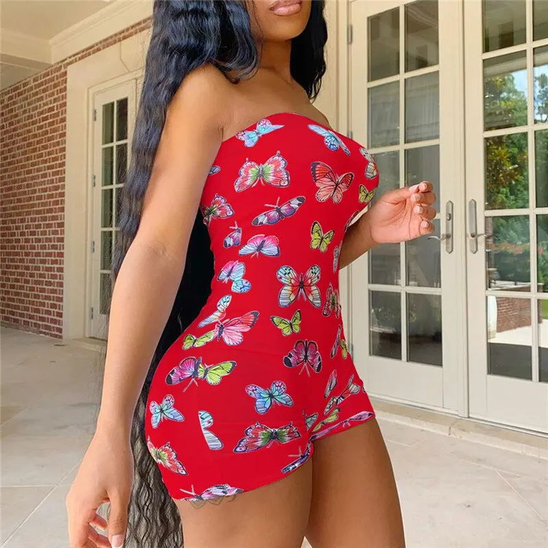 Amozae   Off Shoulder Romper Bodycon Women Fashion Jumpsuit   Bodysuit Shorts Butterfly Printed Short Sleeve Bodysuit Romper