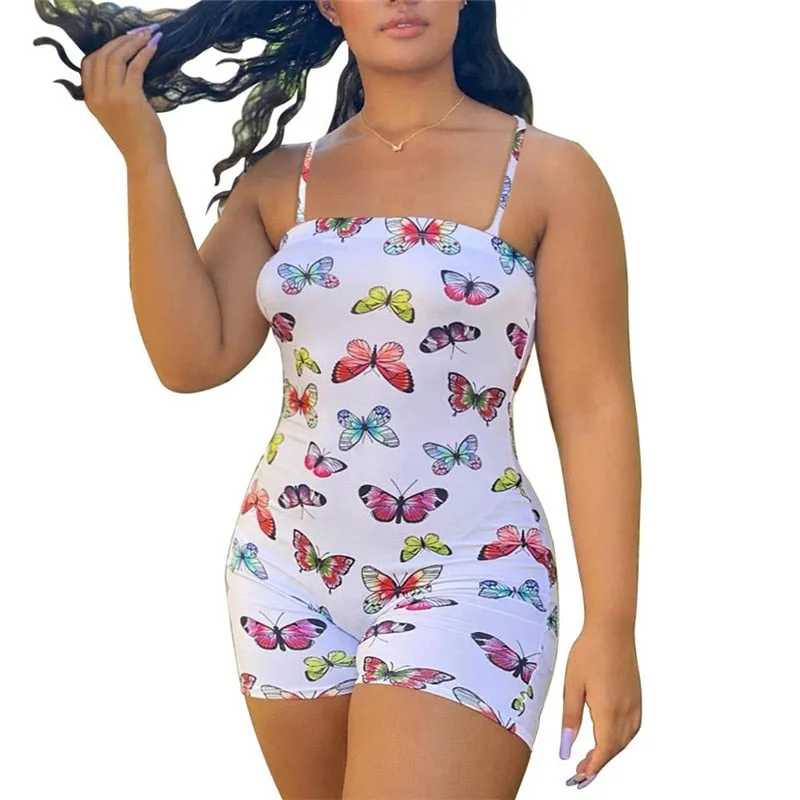 Amozae   Off Shoulder Romper Bodycon Women Fashion Jumpsuit   Bodysuit Shorts Butterfly Printed Short Sleeve Bodysuit Romper