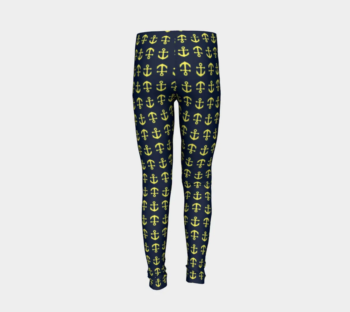 Anchor Toss Youth Leggings - Yellow on Navy