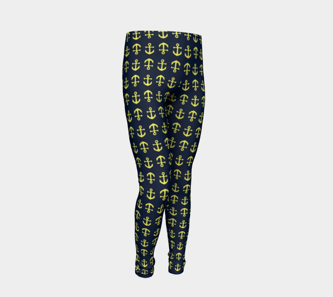 Anchor Toss Youth Leggings - Yellow on Navy