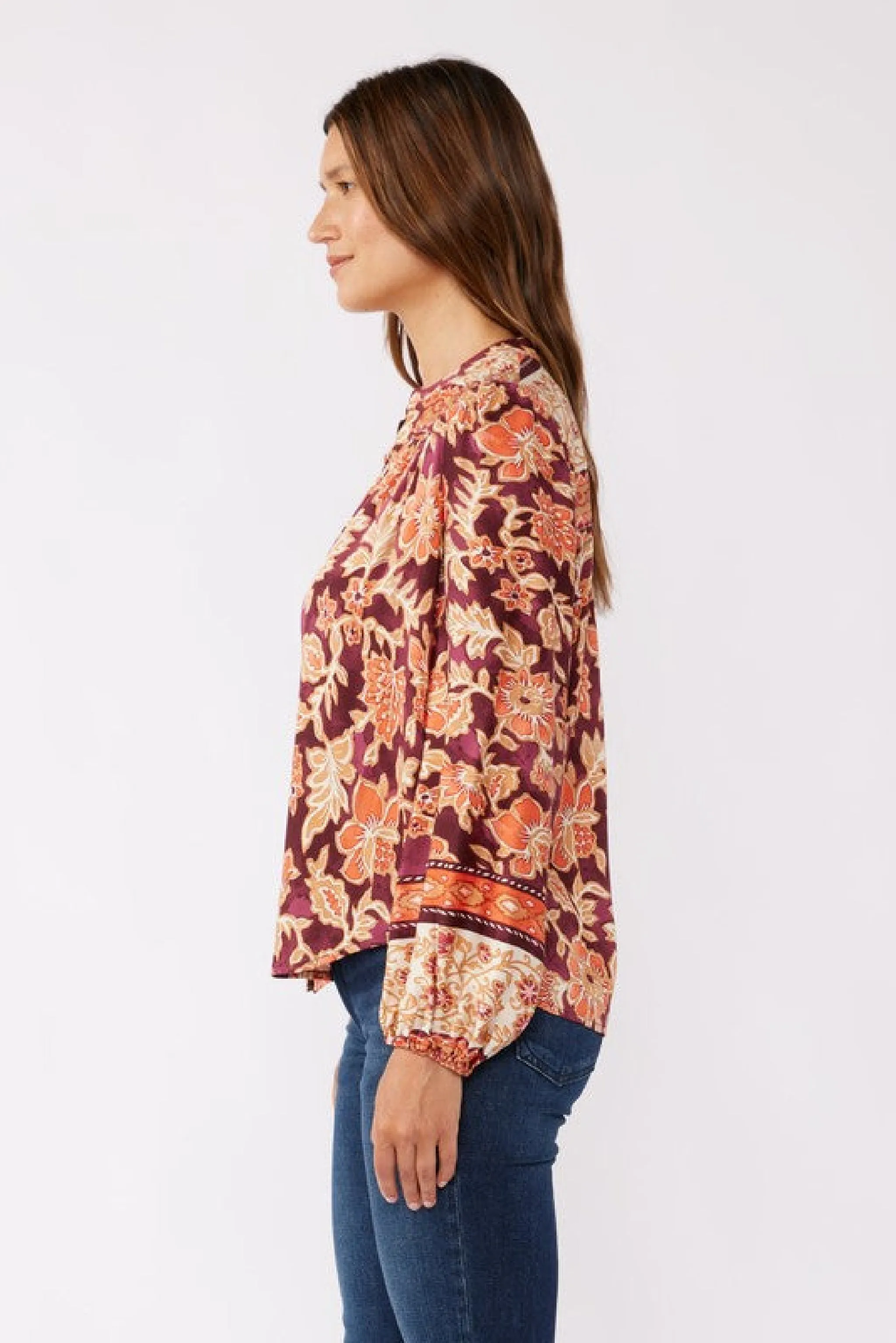 Angie Long Sleeve Button Down Floral Print Top Burgundy