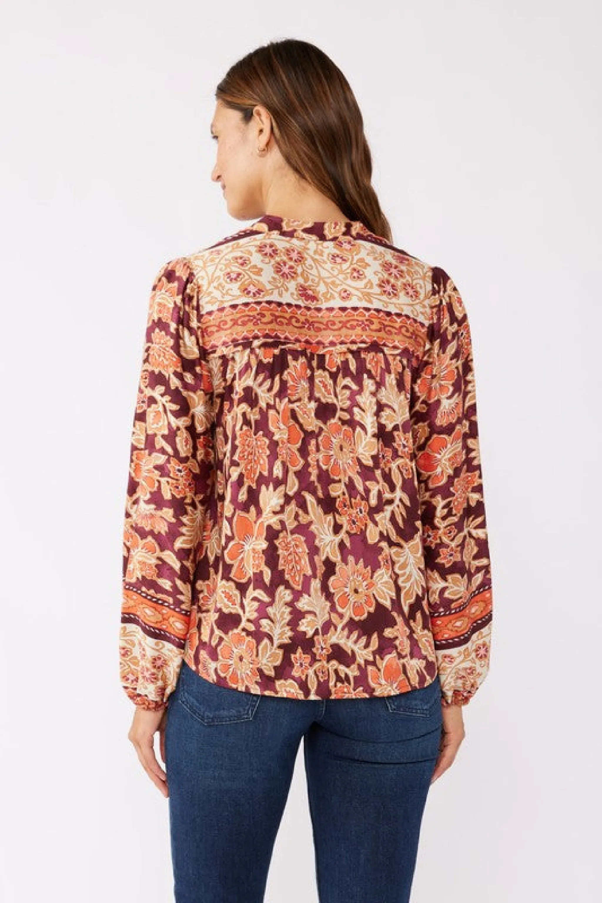 Angie Long Sleeve Button Down Floral Print Top Burgundy