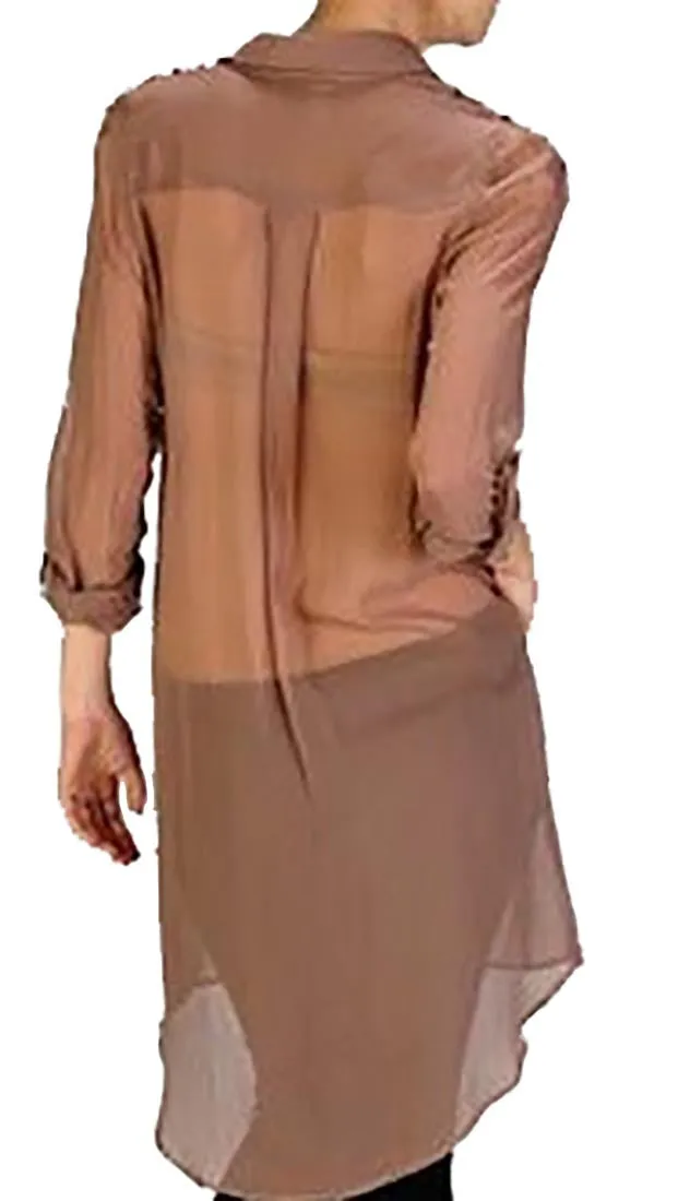 Aryn K. Long Sheer Button Down Mocha