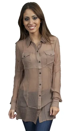 Aryn K. Long Sheer Button Down Mocha