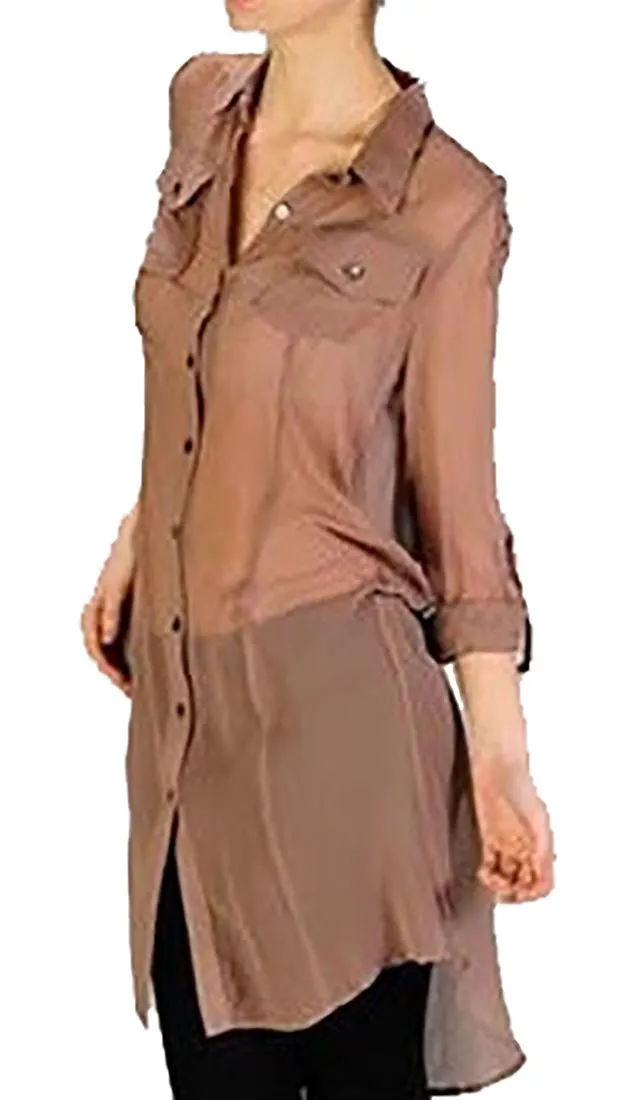 Aryn K. Long Sheer Button Down Mocha