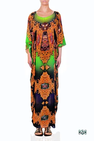 AURUM 79 Ornamental Green Devarshy Crystals Embellished Long Kaftan - 1116B