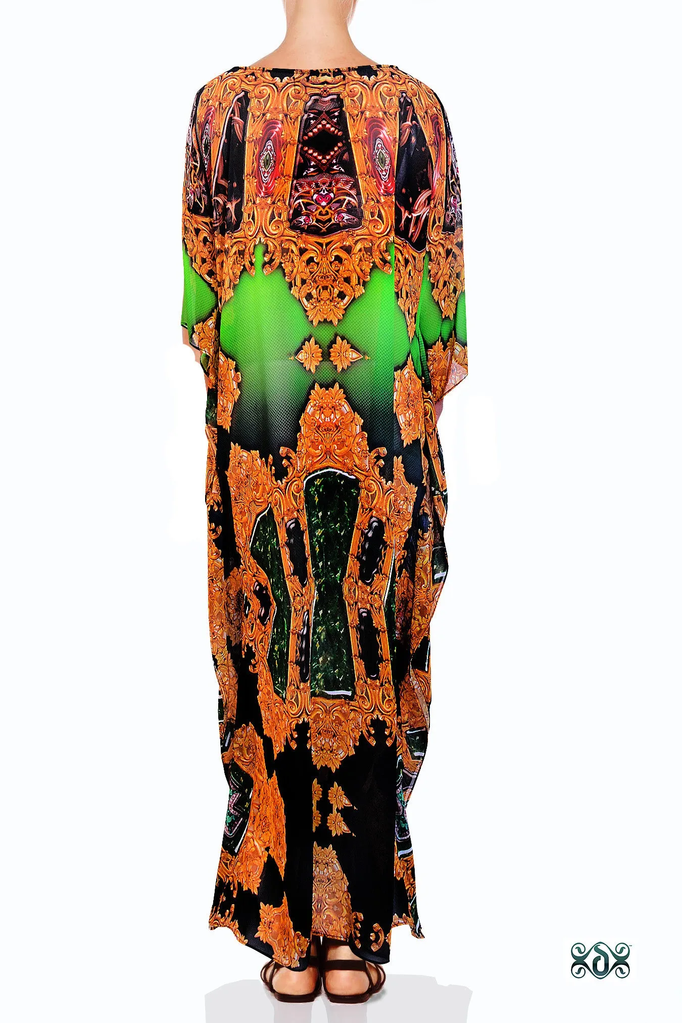 AURUM 79 Ornamental Green Devarshy Crystals Embellished Long Kaftan - 1116B