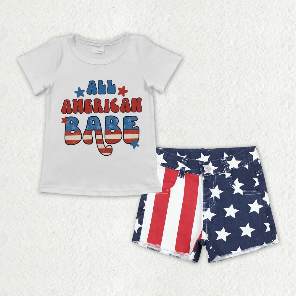 Baby Girls Clothes All American Babe Shirt Top Star Stripes Denim Shorts Sets GSSO1438