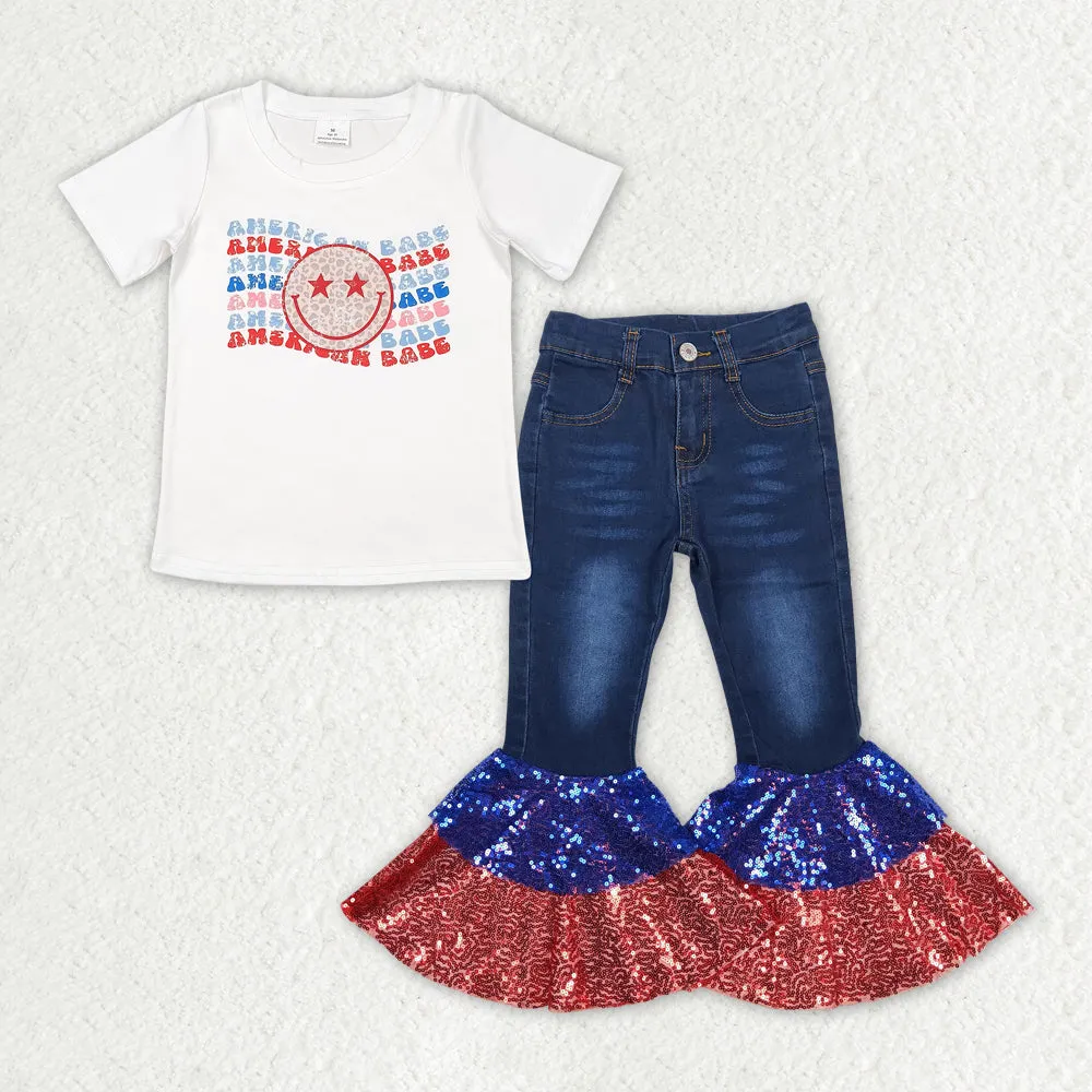 Baby Girls Clothes American Babe Shirt Top Sequin Denim Jeans Pants Sets GSPO1624