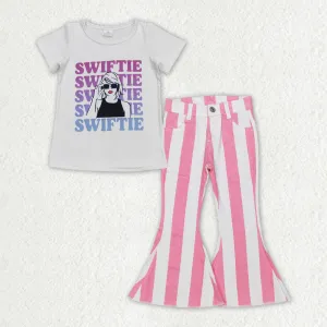 Baby Girls Clothes Short Sleeve Shirt Top Stripes Denim Pants Clothes Sets GSPO1597