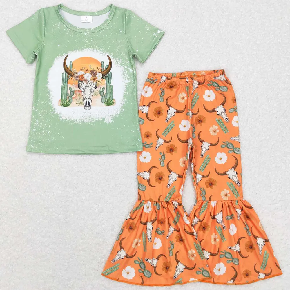 Baby Girls Clothes Western Cow Cactus Flowers Bell Pants Sets