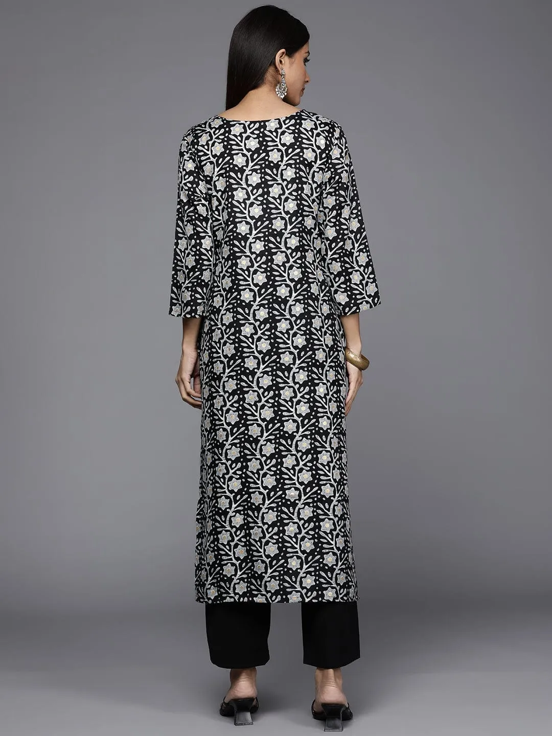 Black & Grey Cotton Straight cut Floral Print Zardozi Kurta