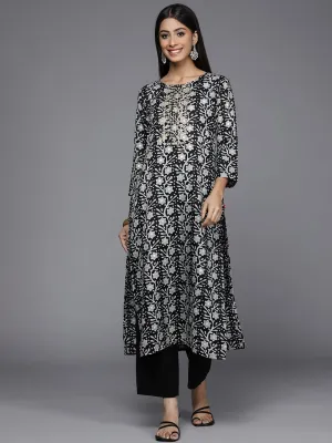 Black & Grey Cotton Straight cut Floral Print Zardozi Kurta