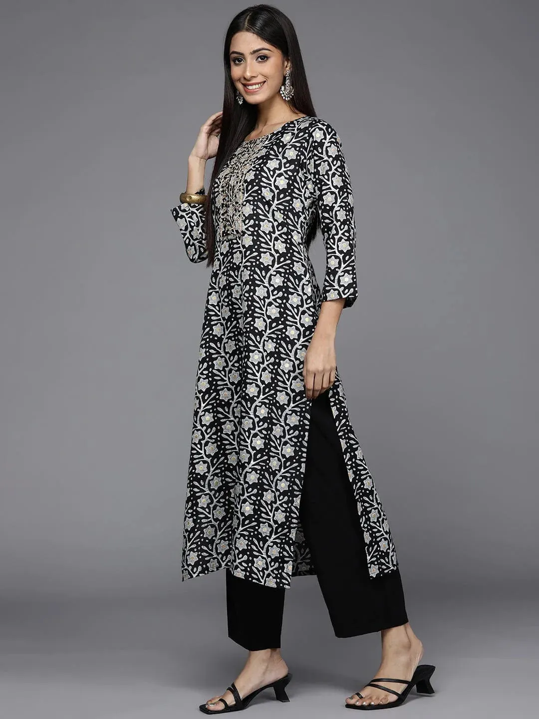 Black & Grey Cotton Straight cut Floral Print Zardozi Kurta