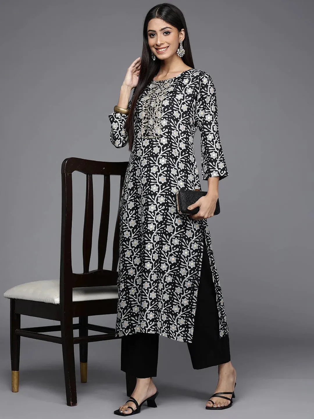 Black & Grey Cotton Straight cut Floral Print Zardozi Kurta