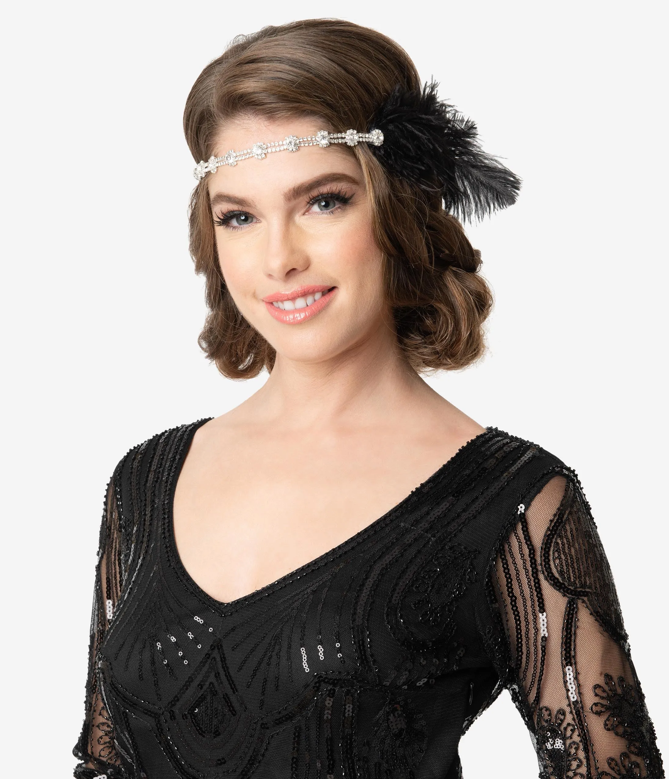 Black Feather & Silver Rhinestone Margo Flapper Headband