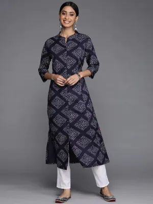 Blue & White Viscose Rayon Straight cut Ethnic Motif Printed Kurta