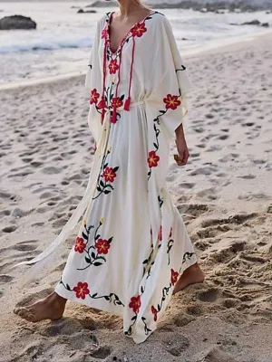 Boho Floral Embroidered V-neck Tassel Batwing Long Sleeve Maxi Kaftans Dress