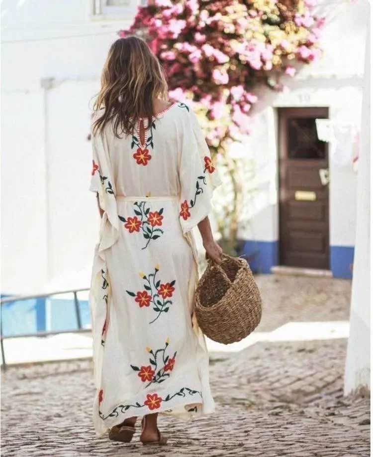 Boho Floral Embroidered V-neck Tassel Batwing Long Sleeve Maxi Kaftans Dress