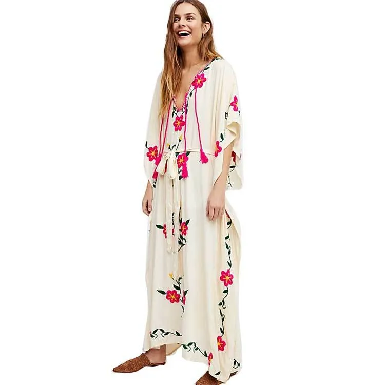 Boho Floral Embroidered V-neck Tassel Batwing Long Sleeve Maxi Kaftans Dress