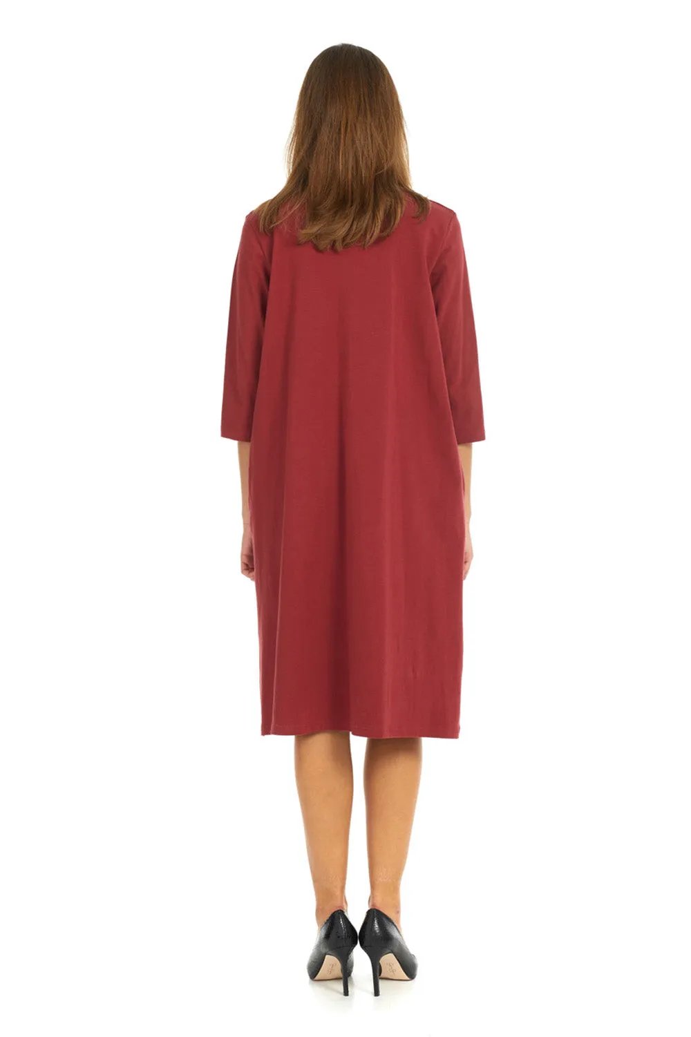 Burgundy Modest T-shirt Dress 3/4 Sleeve Knee Length Cotton