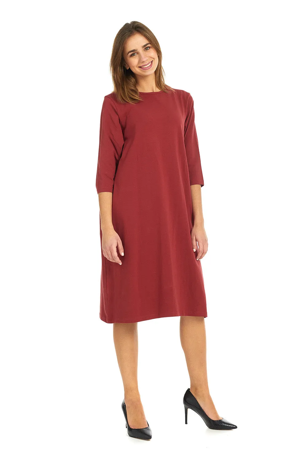 Burgundy Modest T-shirt Dress 3/4 Sleeve Knee Length Cotton