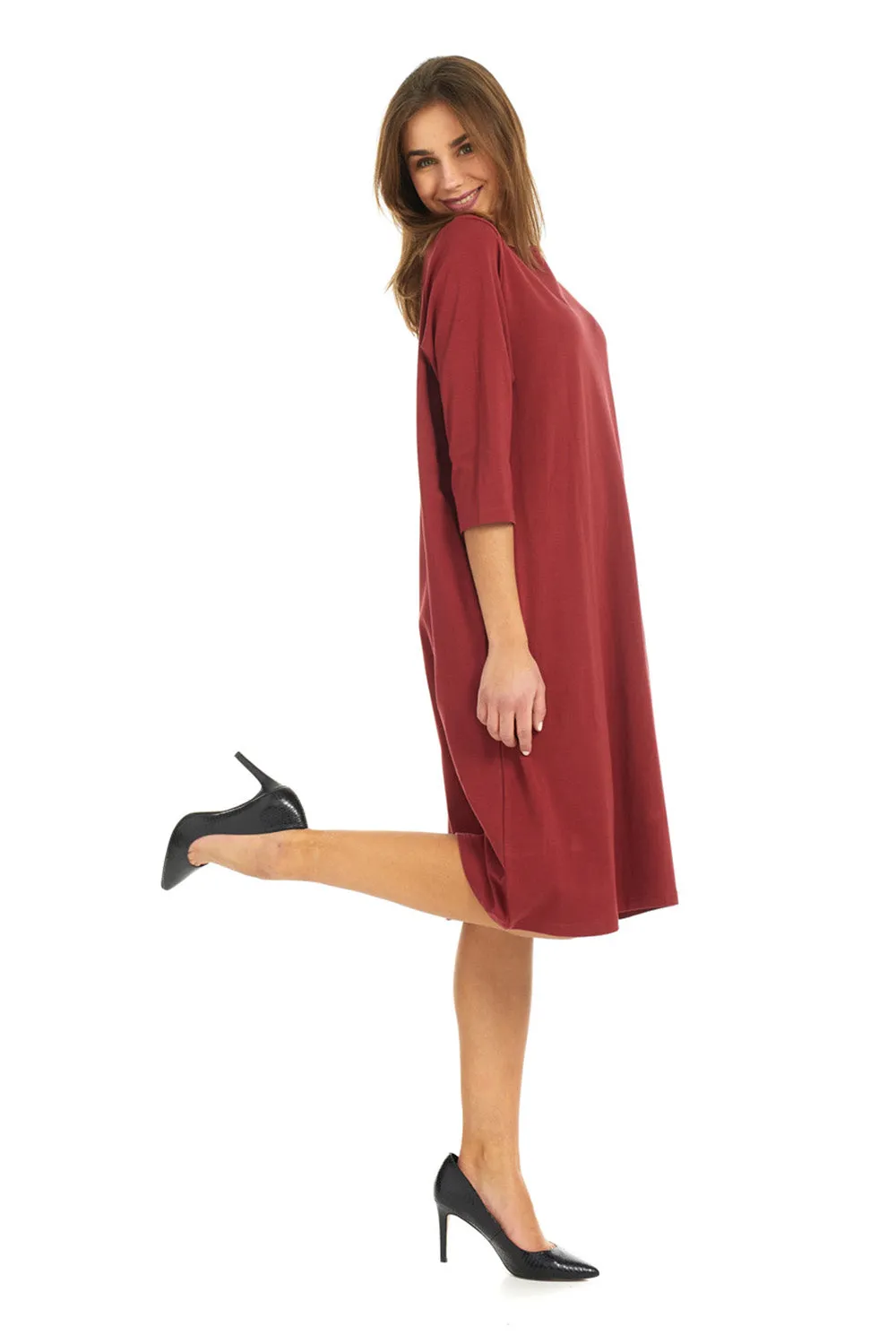 Burgundy Modest T-shirt Dress 3/4 Sleeve Knee Length Cotton