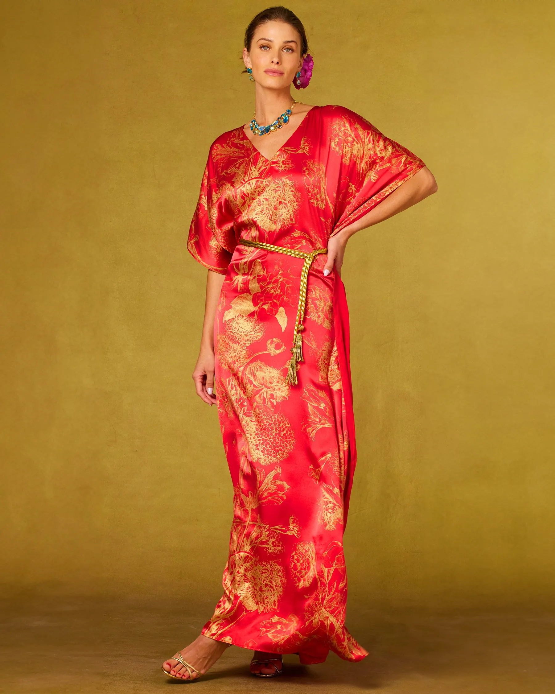 Chantal Red Silk Kaftan in Gold Floral Toile