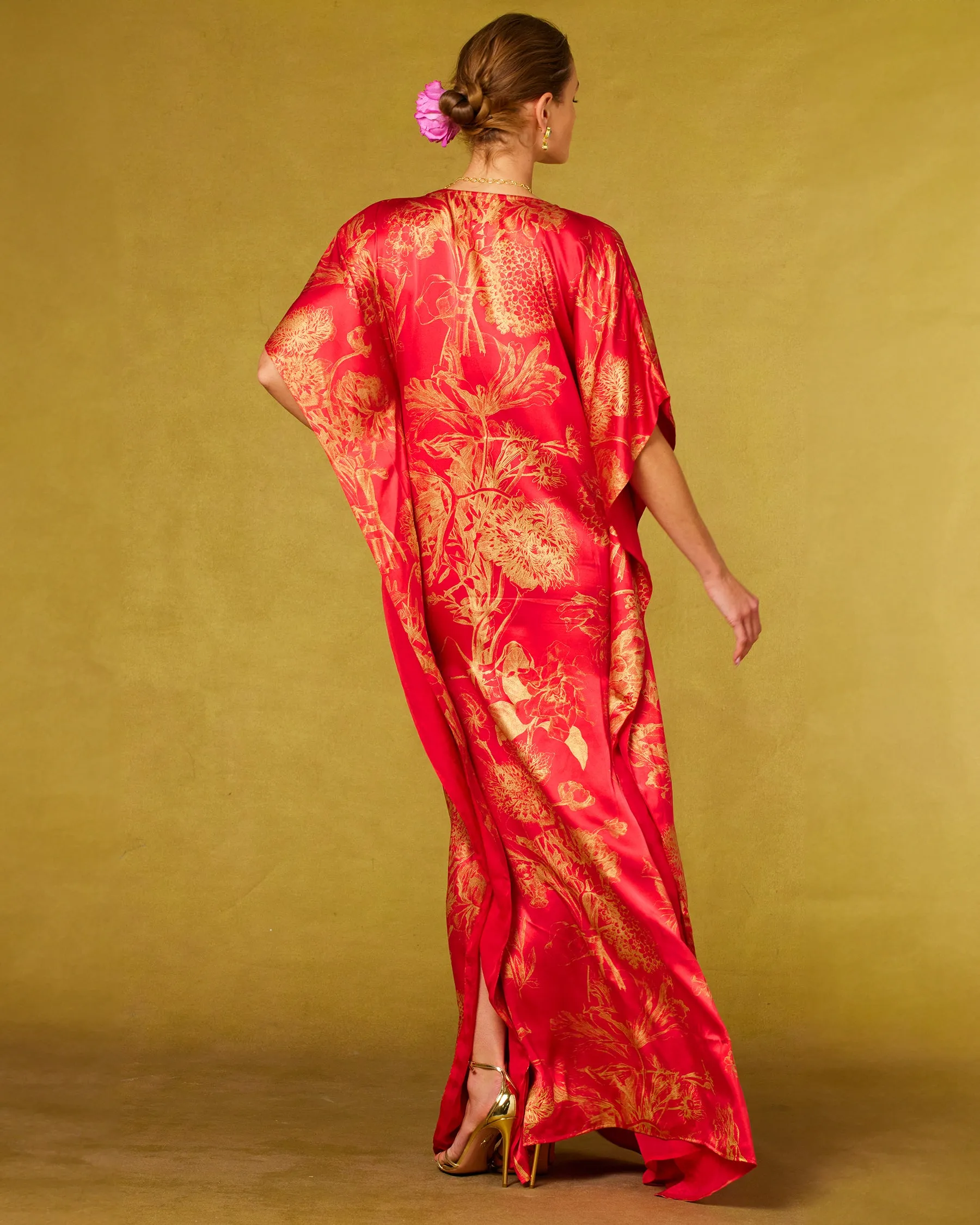 Chantal Red Silk Kaftan in Gold Floral Toile