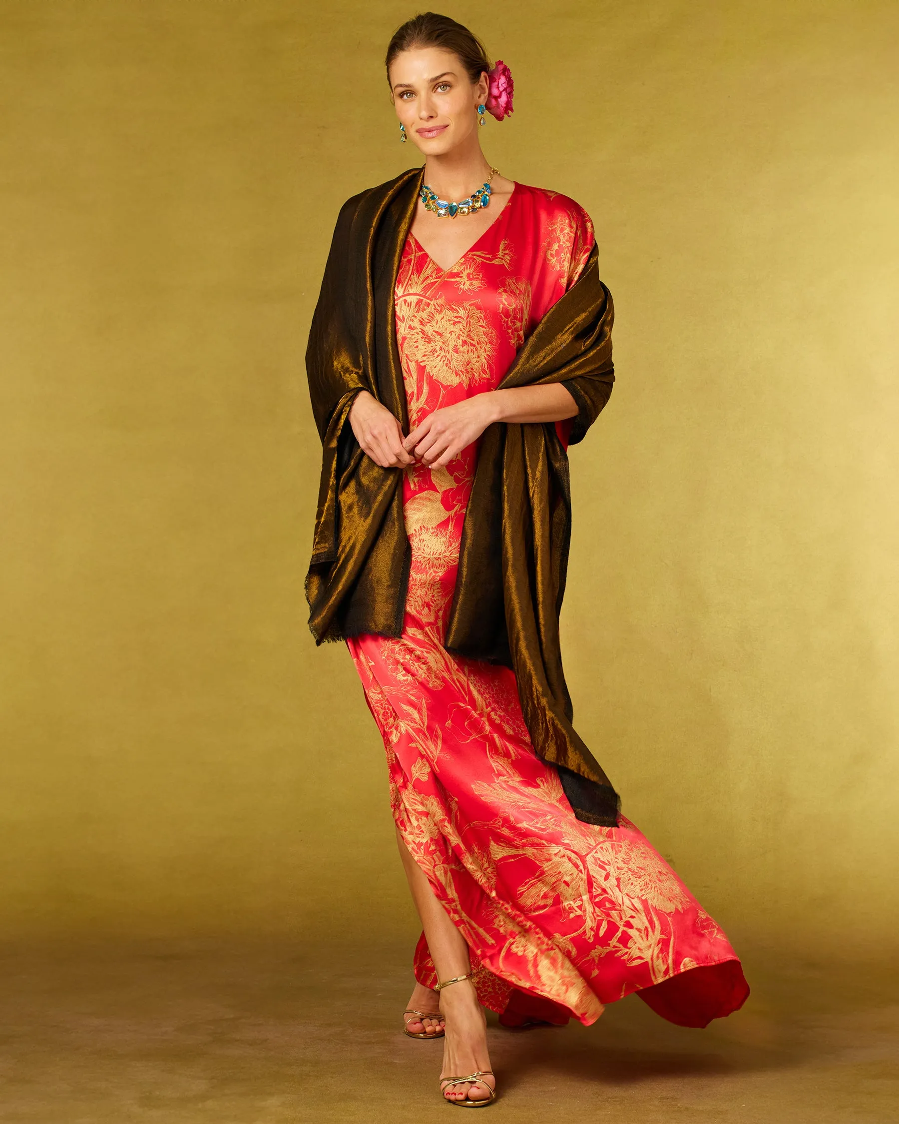 Chantal Red Silk Kaftan in Gold Floral Toile