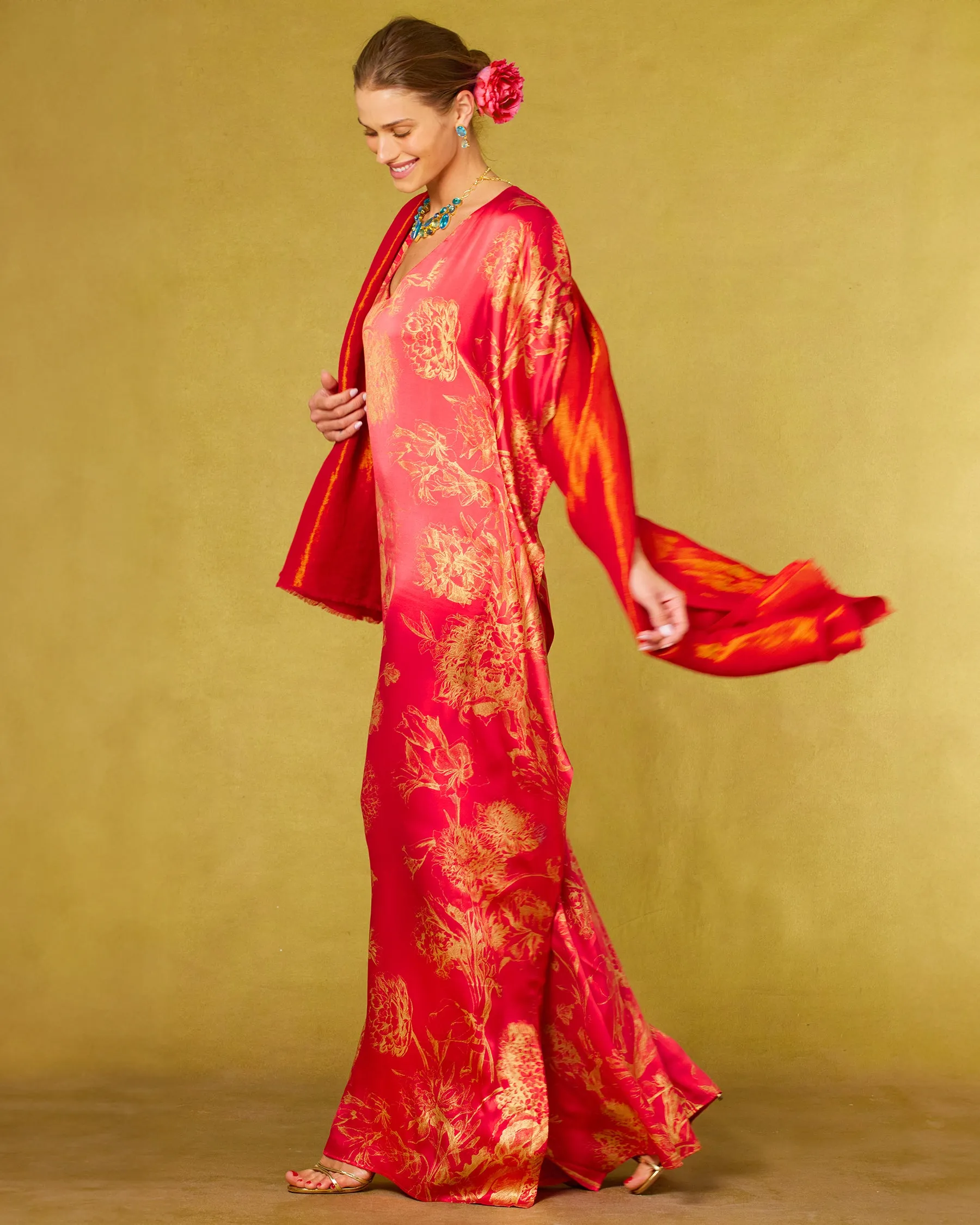 Chantal Red Silk Kaftan in Gold Floral Toile