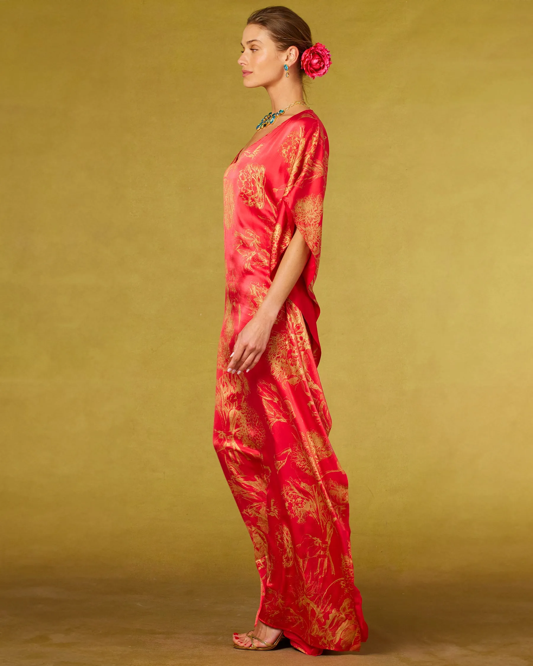 Chantal Red Silk Kaftan in Gold Floral Toile