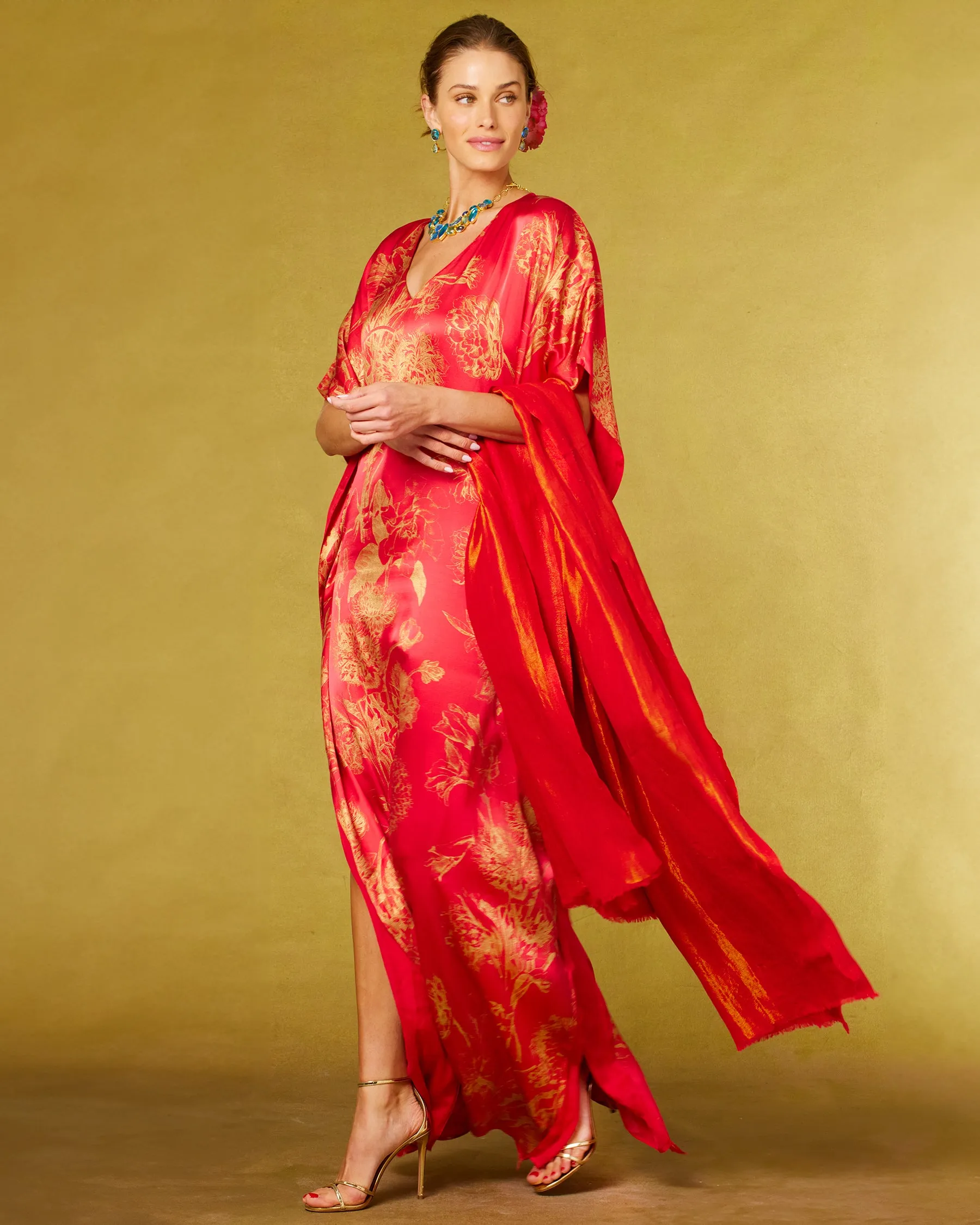 Chantal Red Silk Kaftan in Gold Floral Toile