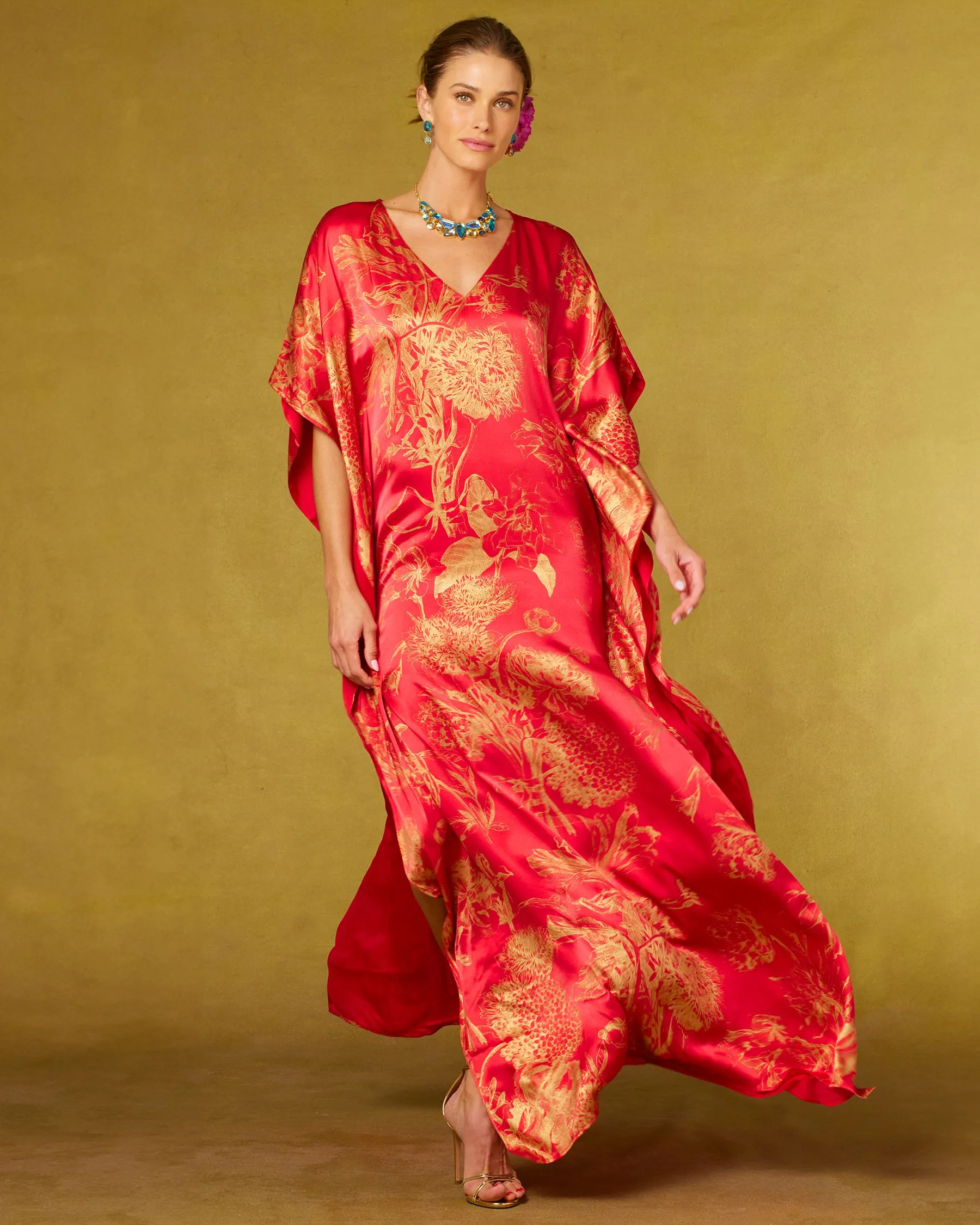 Chantal Red Silk Kaftan in Gold Floral Toile