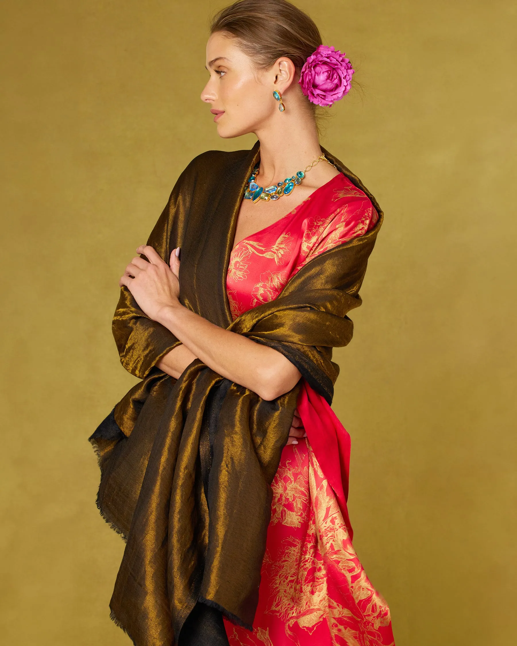 Chantal Red Silk Kaftan in Gold Floral Toile