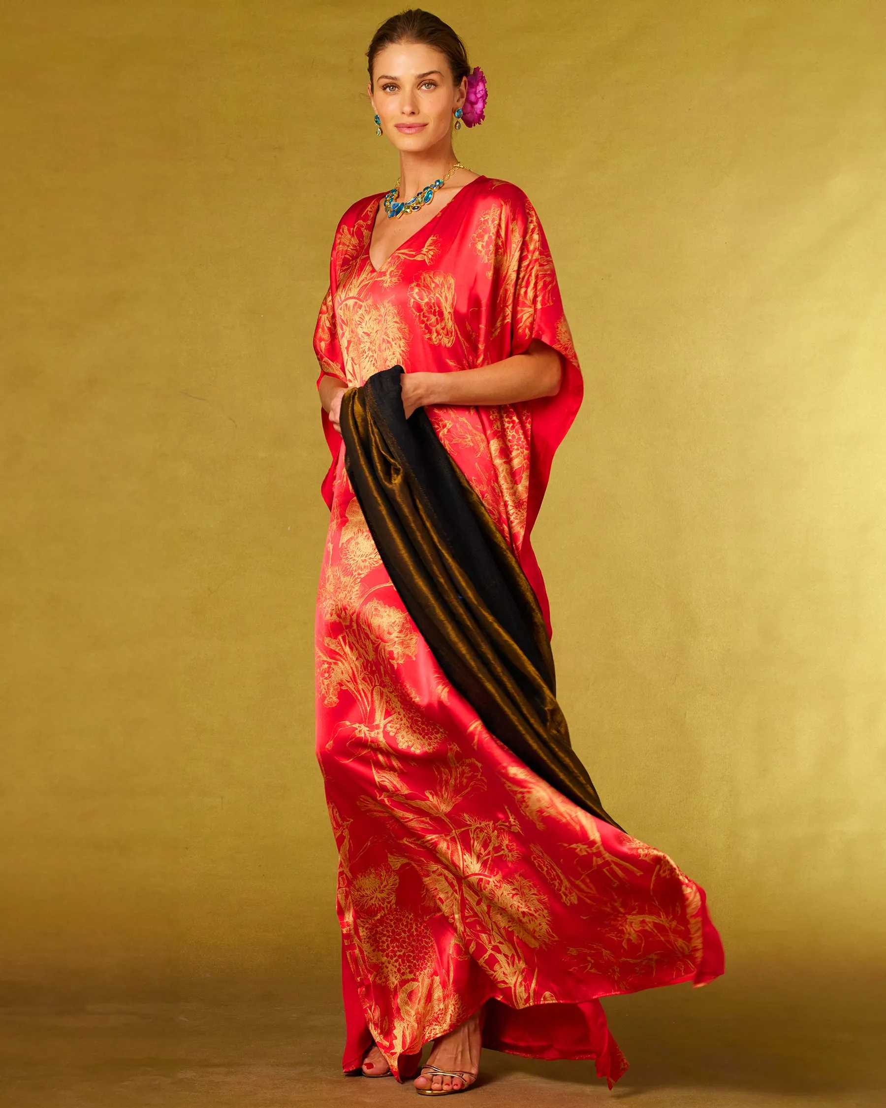 Chantal Red Silk Kaftan in Gold Floral Toile