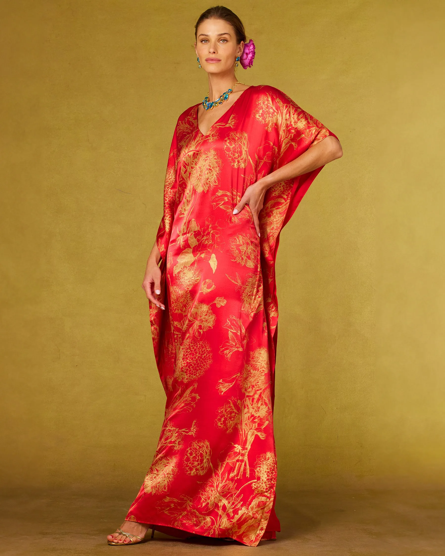 Chantal Red Silk Kaftan in Gold Floral Toile