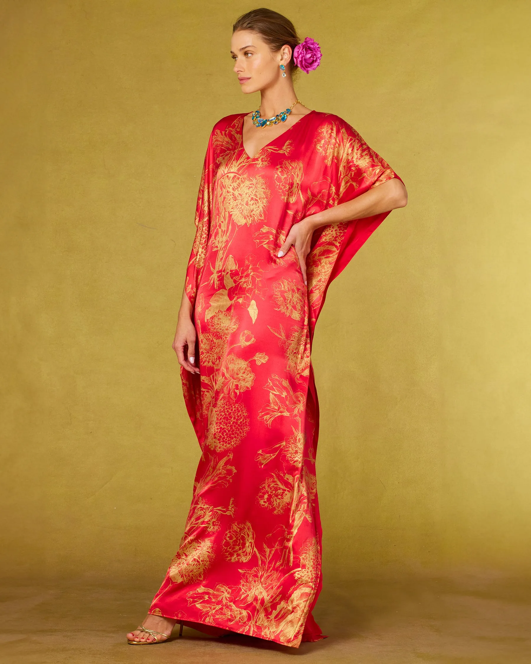 Chantal Red Silk Kaftan in Gold Floral Toile