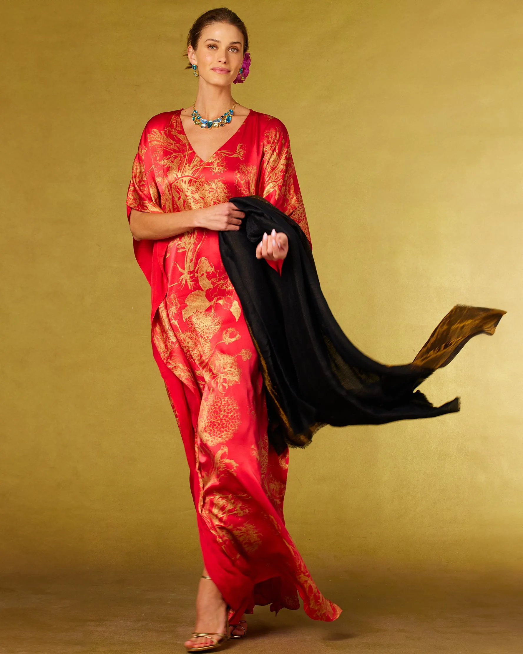 Chantal Red Silk Kaftan in Gold Floral Toile