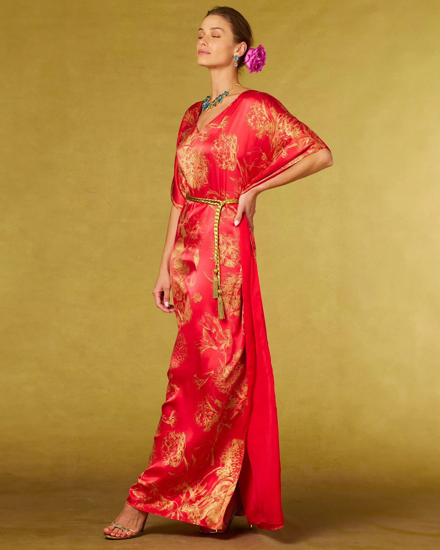 Chantal Red Silk Kaftan in Gold Floral Toile