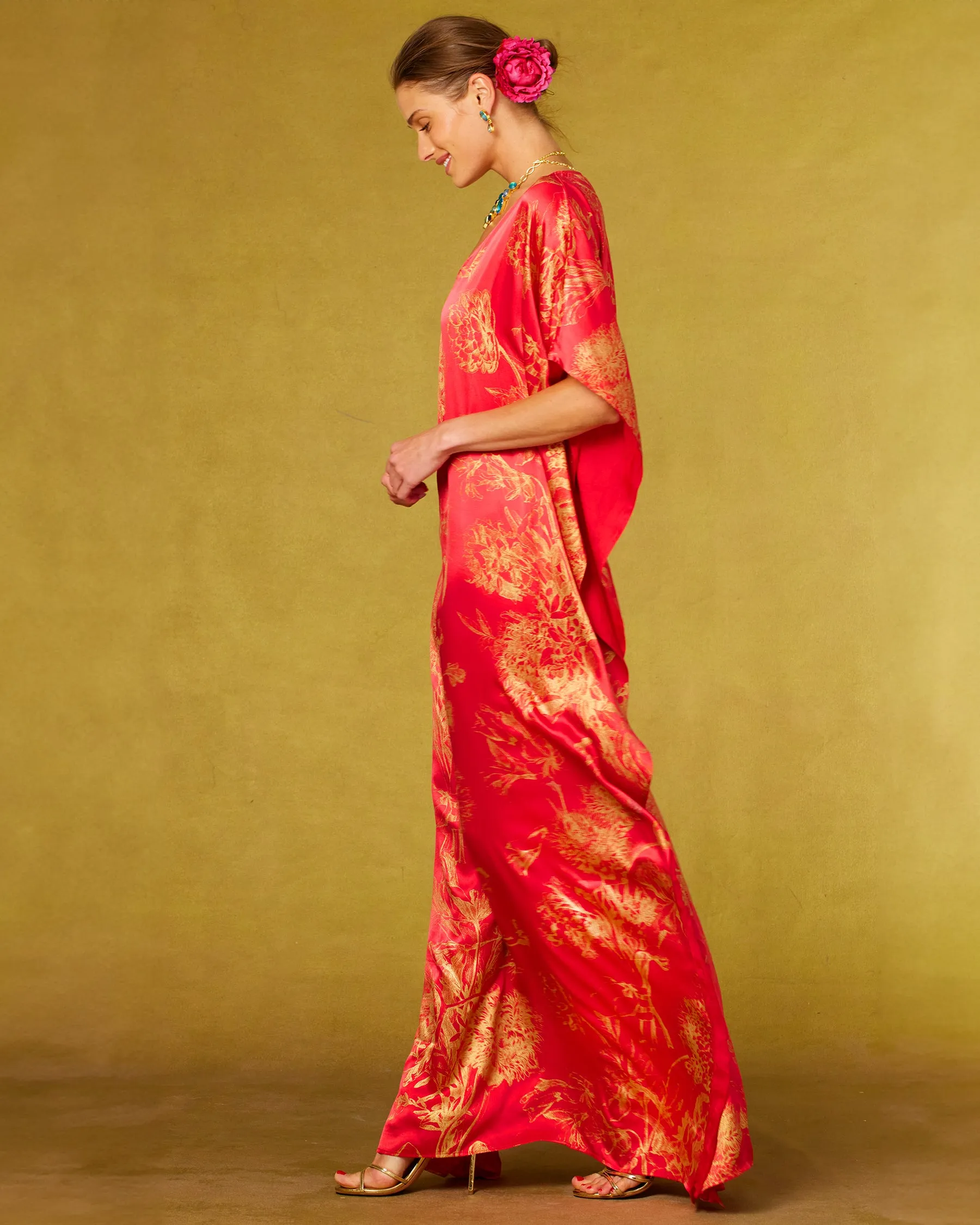 Chantal Red Silk Kaftan in Gold Floral Toile