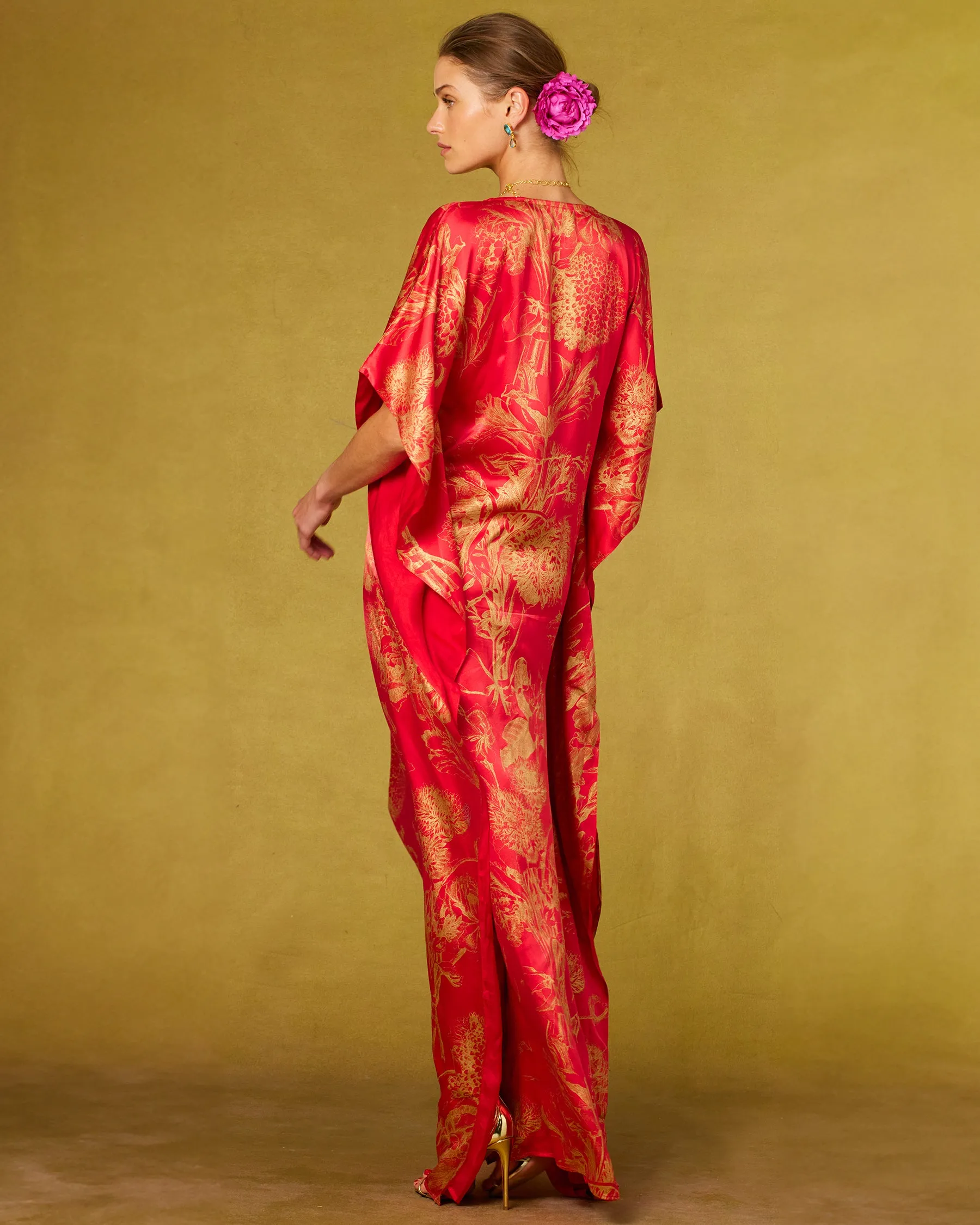 Chantal Red Silk Kaftan in Gold Floral Toile