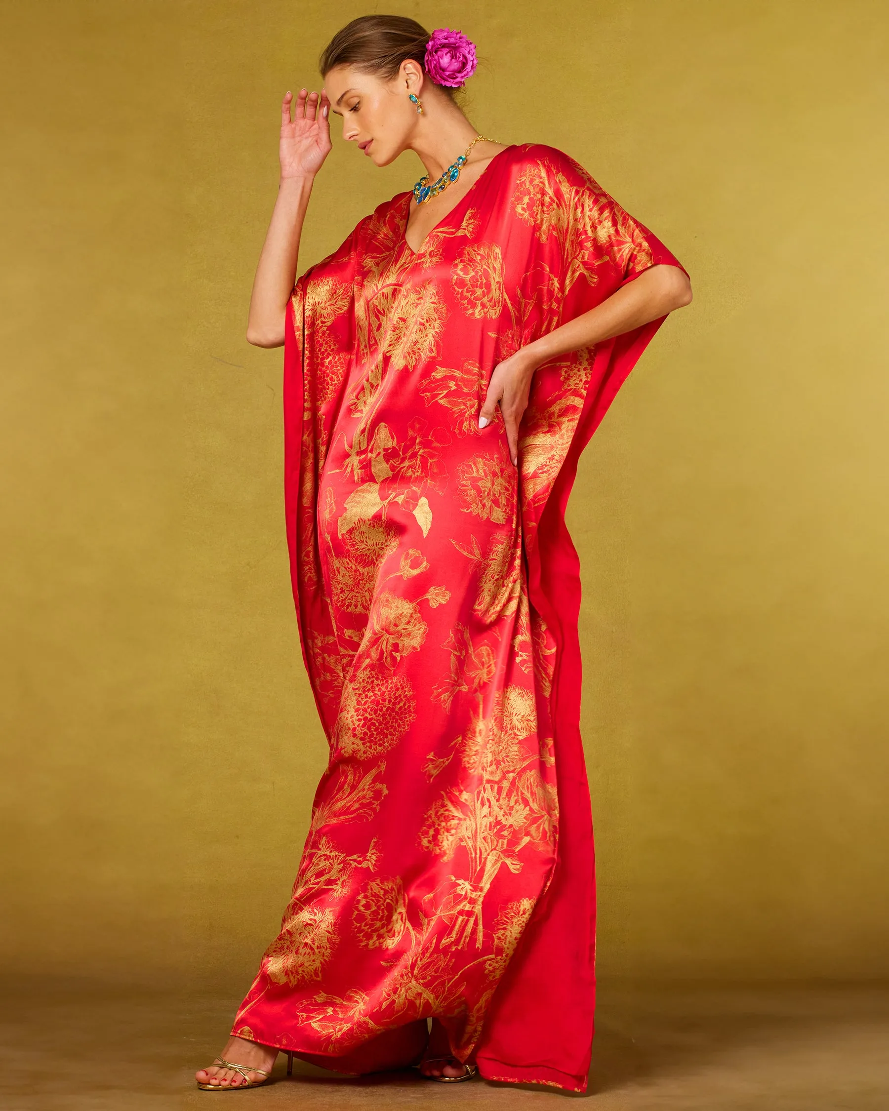 Chantal Red Silk Kaftan in Gold Floral Toile