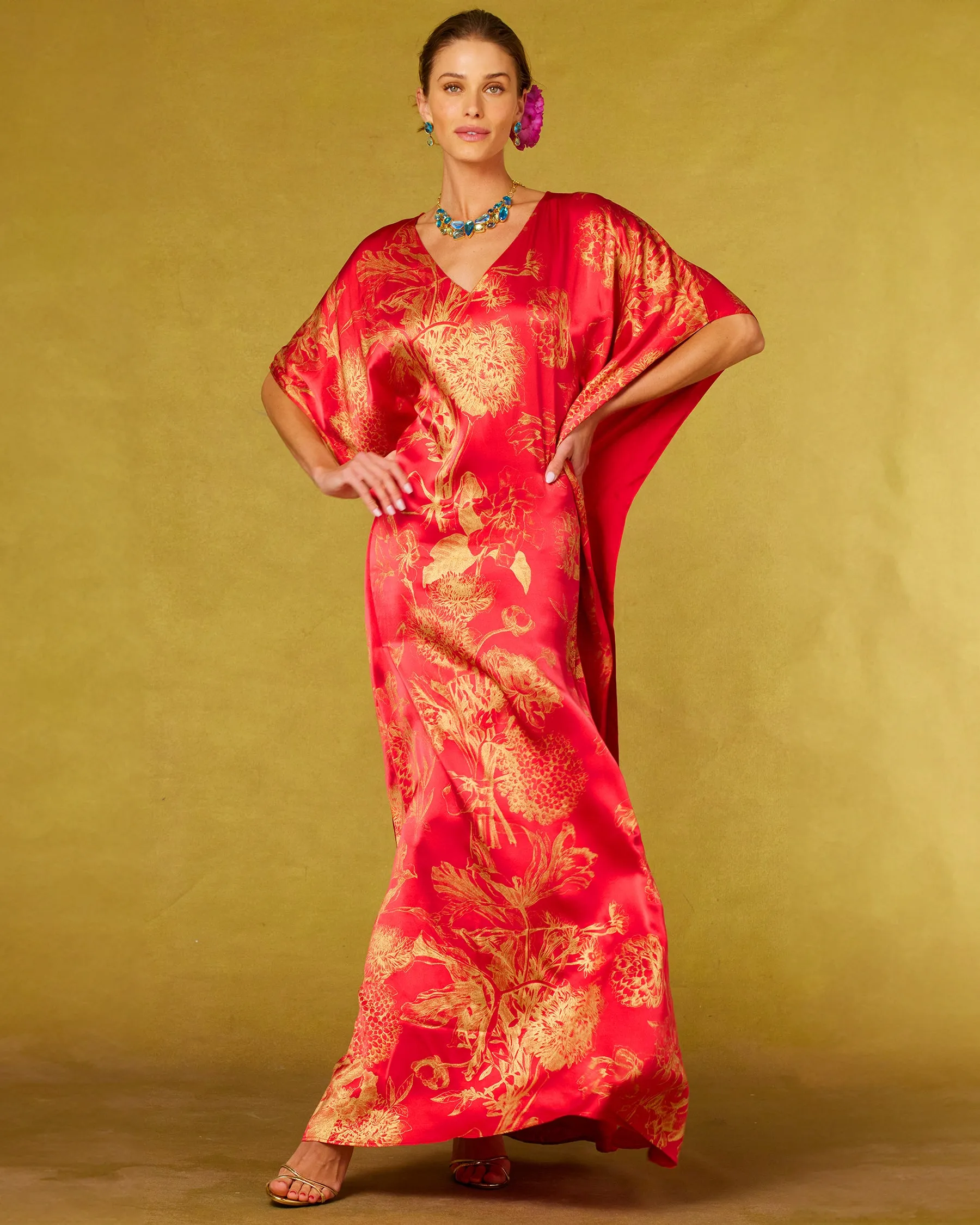 Chantal Red Silk Kaftan in Gold Floral Toile