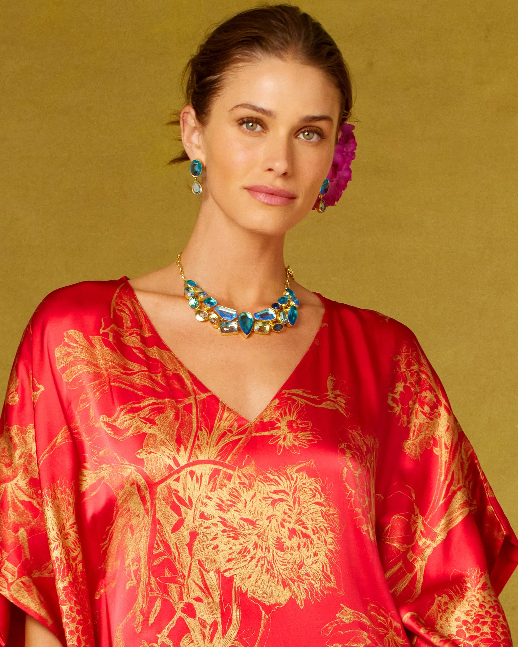 Chantal Red Silk Kaftan in Gold Floral Toile