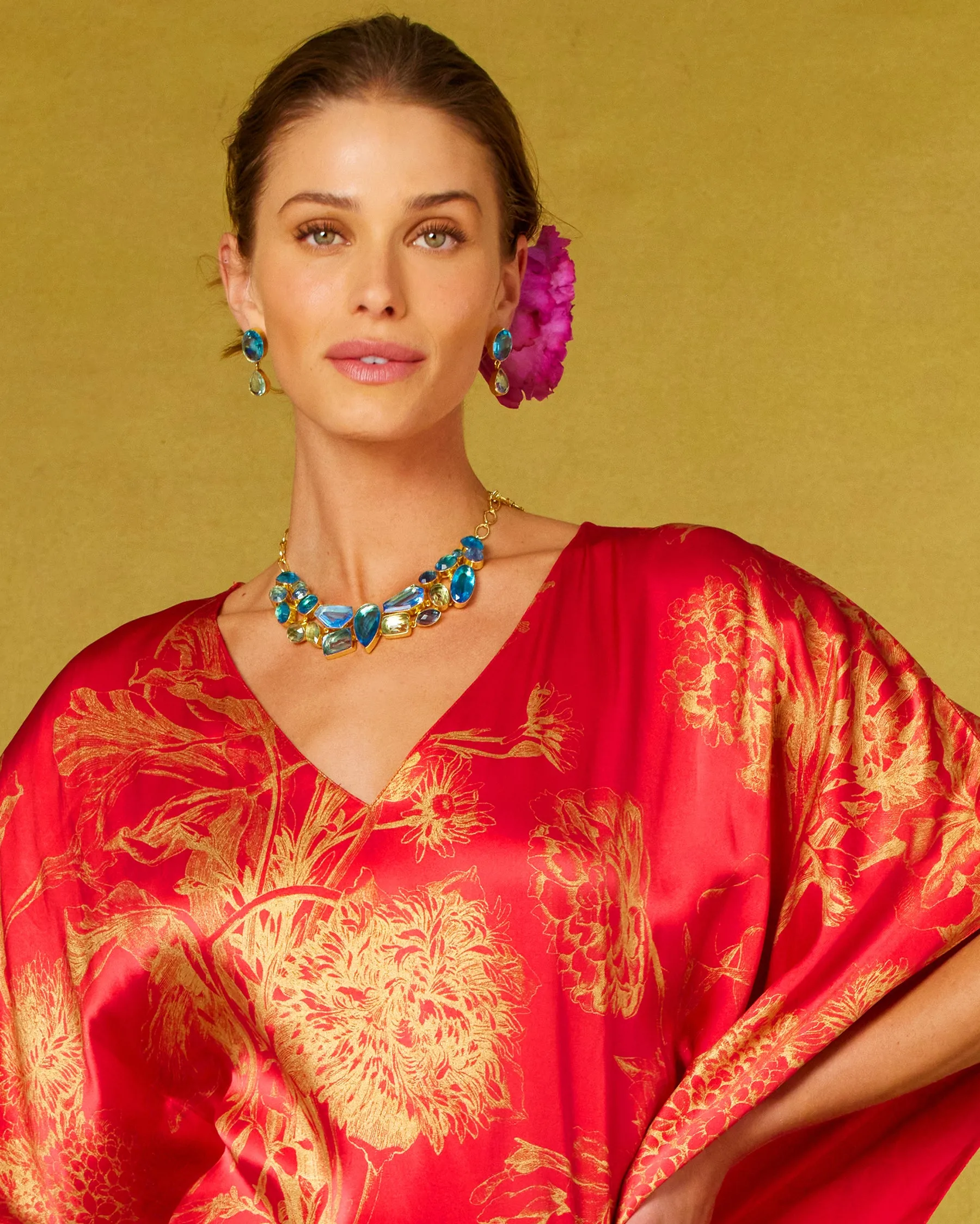 Chantal Red Silk Kaftan in Gold Floral Toile