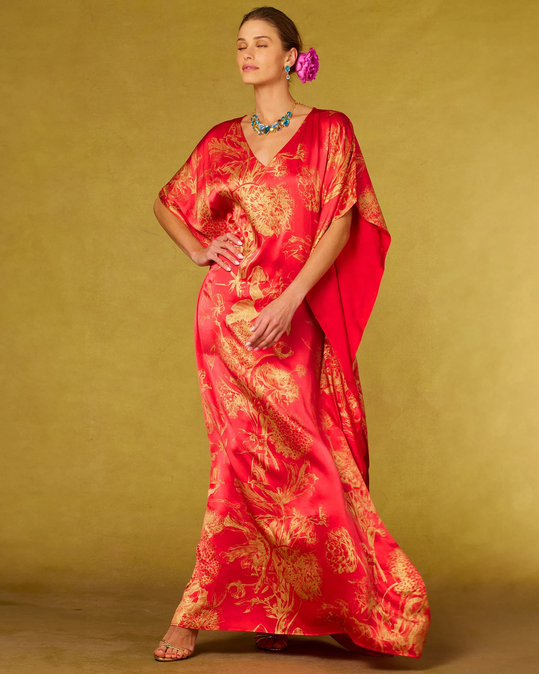 Chantal Red Silk Kaftan in Gold Floral Toile