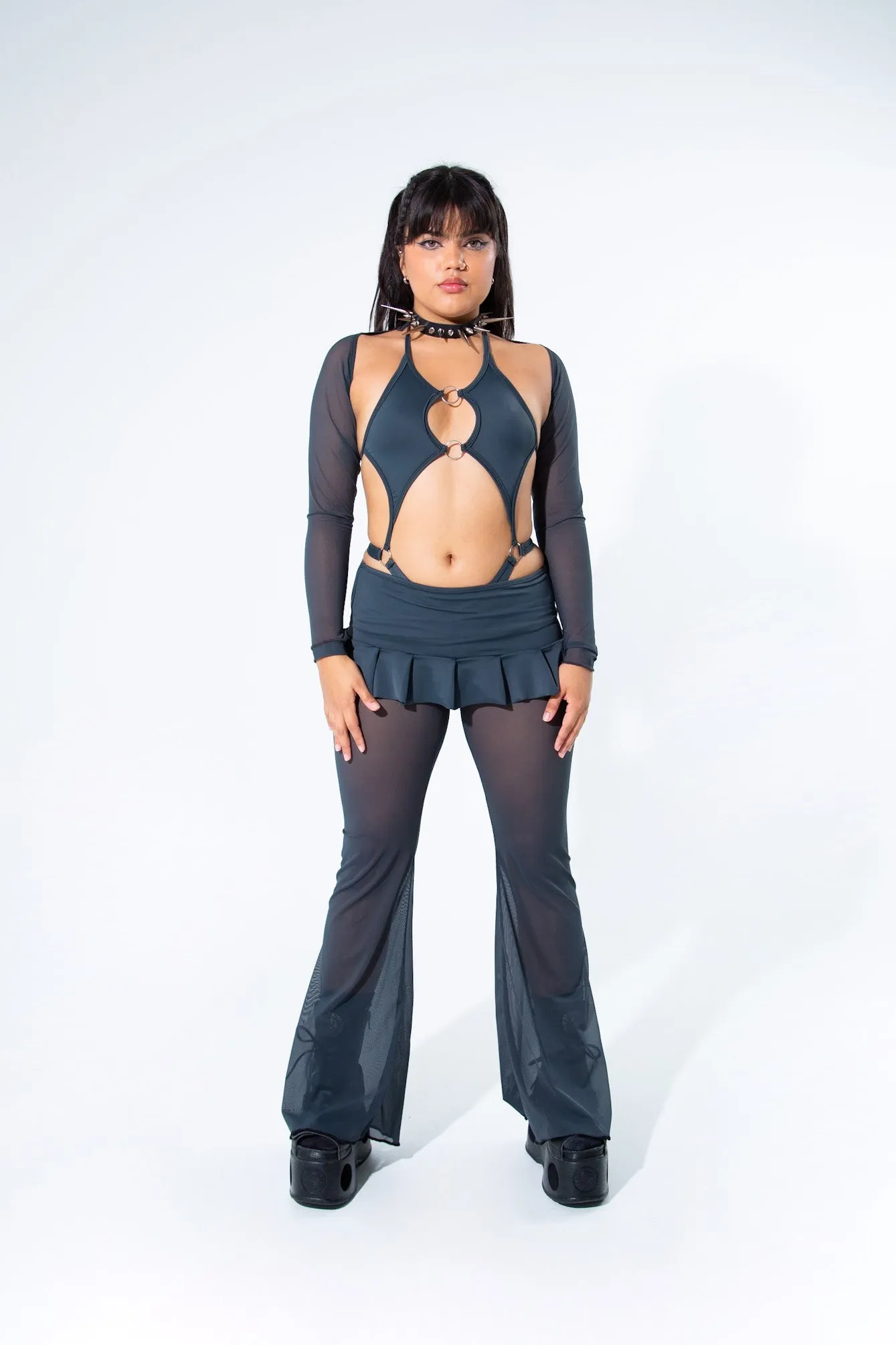 Charcoal Mesh Bell Bottom Pants